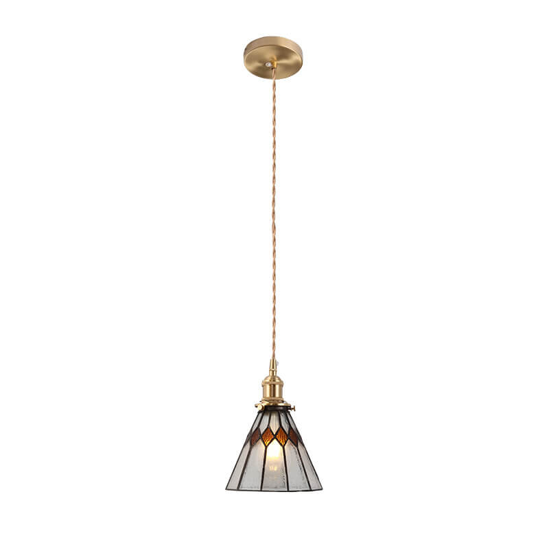 Japanese Vintage Brass Stained Glass Cone 1-Light Pendant Light