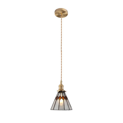 Japanese Vintage Brass Stained Glass Cone 1-Light Pendant Light