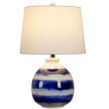 European Vintage White Cone Fabric Blue Ceramic 1-Light Table Lamp