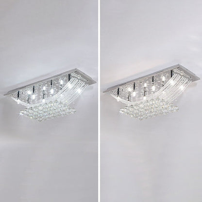 European Luxury Crystal Bead Curtain Rectangular Stainless Steel 8-Light Flush Mount Ceiling Light