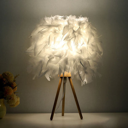 Modern Art Deco Feather Wood Cylinder Triangle Base 1-Light Table Lamp For Bedside
