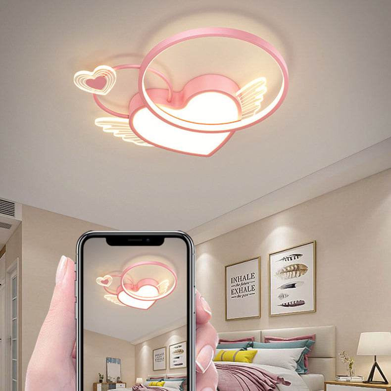 Modern Art Deco Heart Wings Round Acrylic Iron LED Flush Mount Ceiling Light For Bedroom