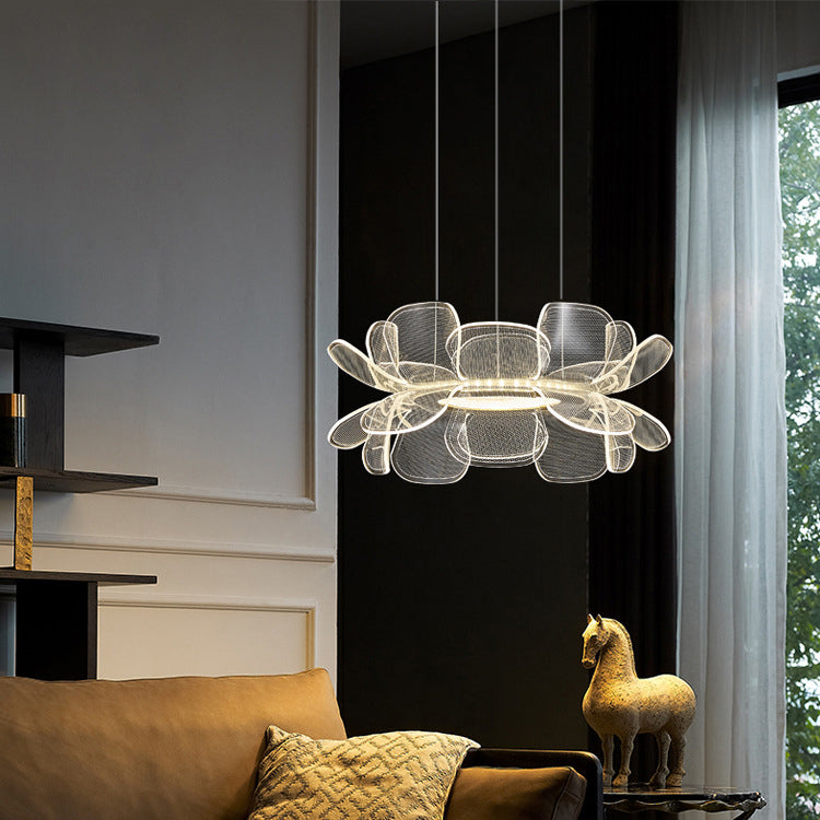 Modern Minimalist Round Flower Clear Metal Acrylic LED Island Light Chandelier For Dining Room