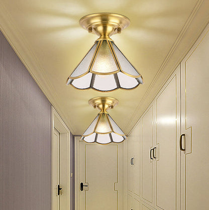 European Luxury Brass Glass Cone 1-Light Semi-Flush Mount Ceiling Light