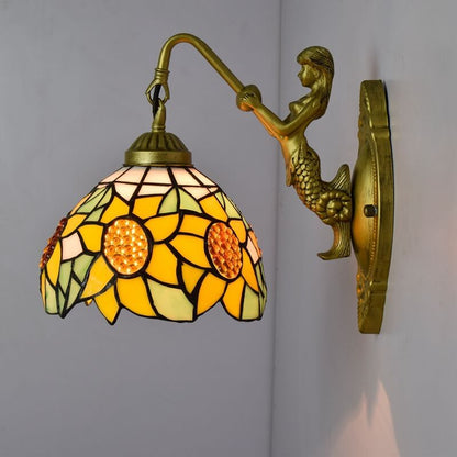 مصباح حائطي من الزجاج الملون بتصميم عباد الشمس من تيفاني بتصميم أوروبي عتيق مزود بإضاءة واحدة 