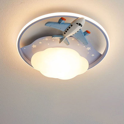 Contemporary Creative Resin Cartoon Airplane Rabbit Iron LED Kids Flush Mount Ceiling Light For Bedroom