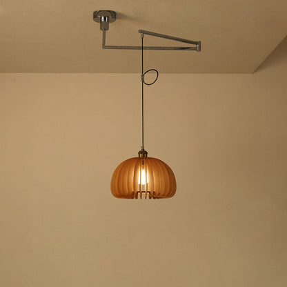Traditional Vintage Wooden Pumpkin Shade Rocker Arm Telescopic 1-Light Pendant Light For Dining Room