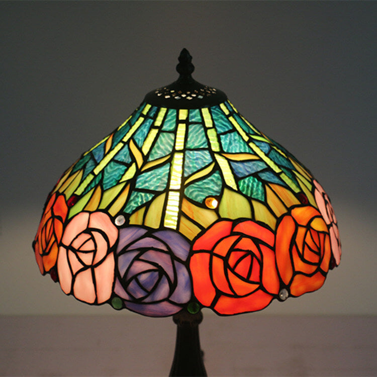 Vintage Tiffany Roses Stained Glass Cone 1-Light Table Lamp