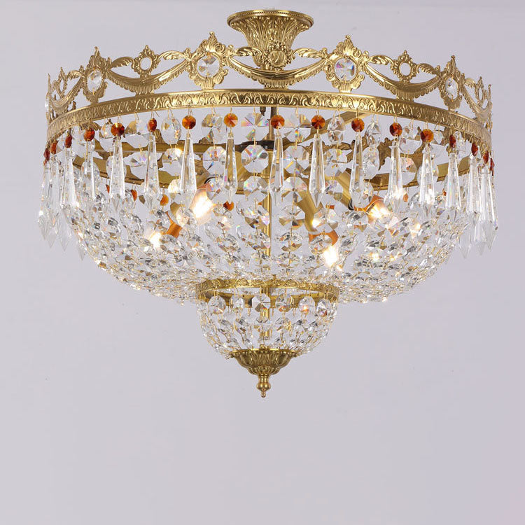 European Light Luxury Round All Brass Glass 4/5-Light Flush Mount Lighting