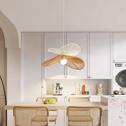 Traditional Vintage Wood Paper Rope Weaving Straw Hat Shape 1-Light Pendant Light For Living Room