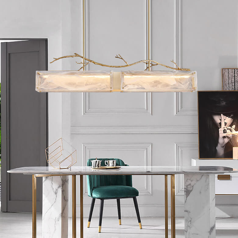 ثريا جزيرة LED زجاجية مستطيلة فاخرة من Nordic Light مصنوعة من النحاس بالكامل 