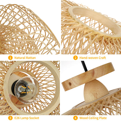 Contemporary Coastal Round Wood Bamboo Woven 1-Light Semi-Flush Mount Ceiling Light For Living Room
