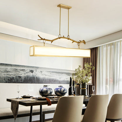 Modern Art Deco Full Copper Branch Fabric Rectangle Shade 1-Light Island Light Pendant Light For Living Room