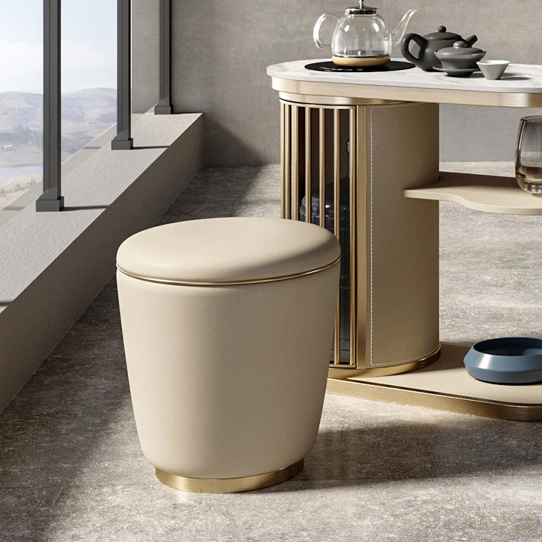 Contemporary Minimalist Round Faux Leather Stainless Steel Frame Vanity Stool For Bedroom