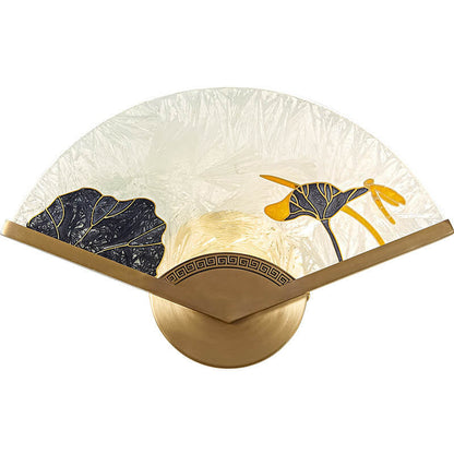 Modern Chinese Glass Folding Fan Shaped Brass LED Wall Sconce Lamp