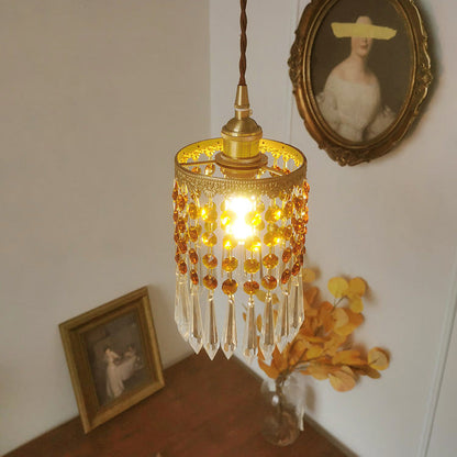Traditional French Round Teardrop Crystal Copper 1-Light Pendant Light For Living Room