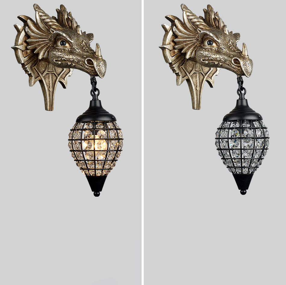 Traditional European Dragon Crystal Iron Resin 1-Light Wall Sconce Lamp For Living Room