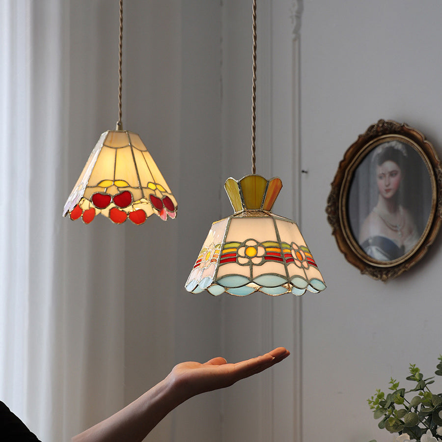 Contemporary Vintage Pentagonal Hexagonal Brass Glass 1-Light Pendant Light For Living Room