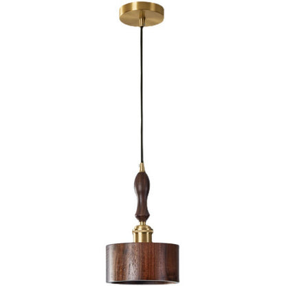 Japanese Brass Walnut Drum 1-Light Pendant Light