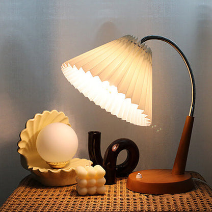 French Vintage Pleated Solid Wood Base Curved Arm 1-Light Table Lamp