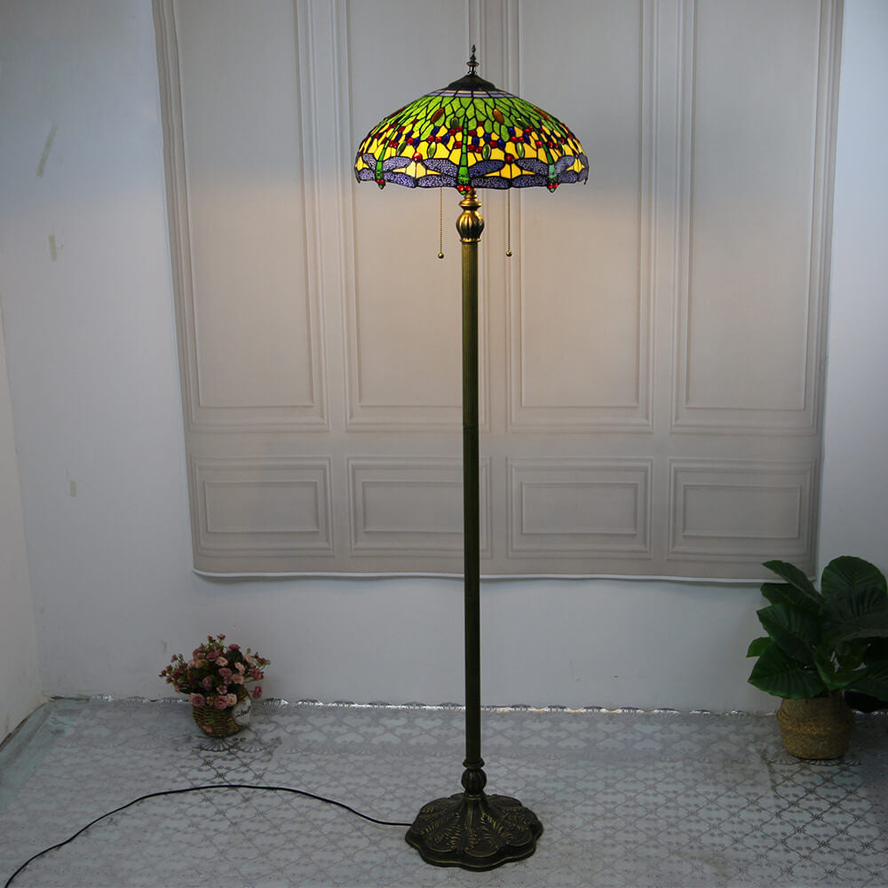 Tiffany Vintage Dragonfly Stained Glass Resin Dome 2-Light Standing Floor Lamp