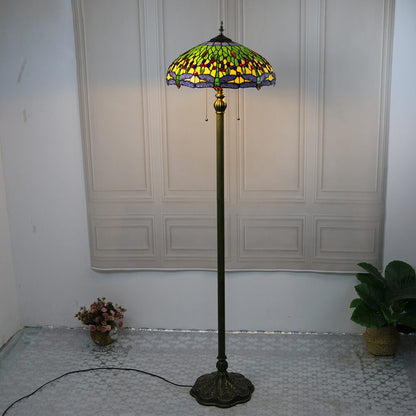 Tiffany Vintage Dragonfly Stained Glass Resin Dome 2-Light Standing Floor Lamp
