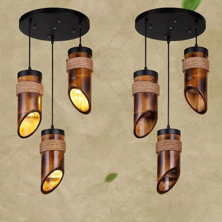 Traditional Chinese Hemp Rope Wrapping Bamboo Tube Design 1/3-Light Chandelier For Dining Room