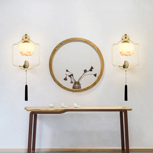 Traditional Chinese Iron Resin Lotus Flower Elliptical Irregular Shape 1-Light Wall Sconce Lamp For Dining Room
