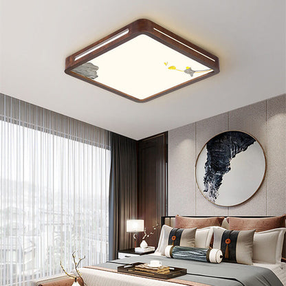 Modern Chinese Walnut Geometry Shape Acrylic LED Flush Mount Ceiling Light