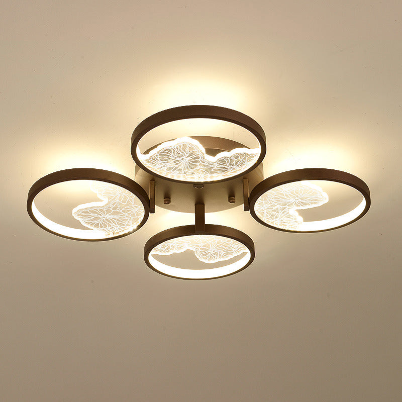 Traditional Chinese Zen Iron Round Frame Acrylic Flower Pattern LED Semi-Flush Mount Ceiling Light For Living Room