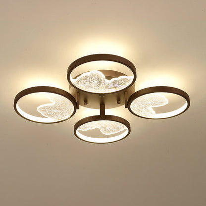 Traditional Chinese Zen Iron Round Frame Acrylic Flower Pattern LED Semi-Flush Mount Ceiling Light For Living Room