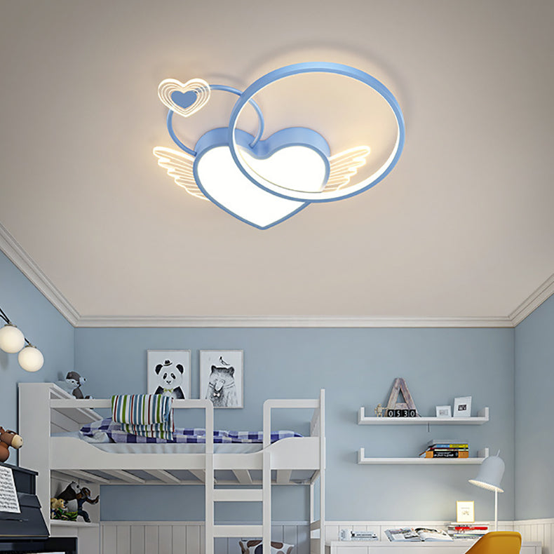 Modern Art Deco Heart Wings Round Acrylic Iron LED Flush Mount Ceiling Light For Bedroom