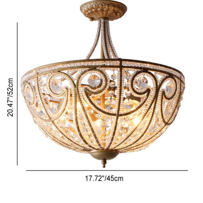 French Luxury Crystal Bead Strings Bowl Gold Iron 5-Light Semi-Flush Mount Ceiling Light