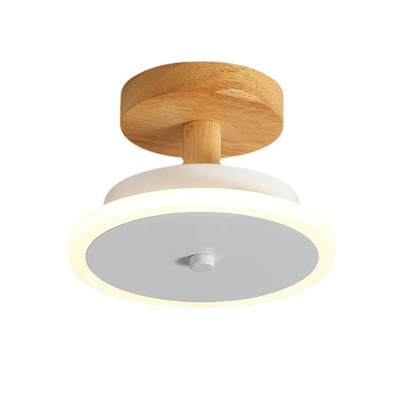 Nordic Flat Round Wood Base LED Semi-Flush Mount Ceiling Light