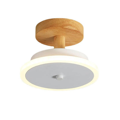 Nordic Flat Round Wood Base LED Semi-Flush Mount Ceiling Light