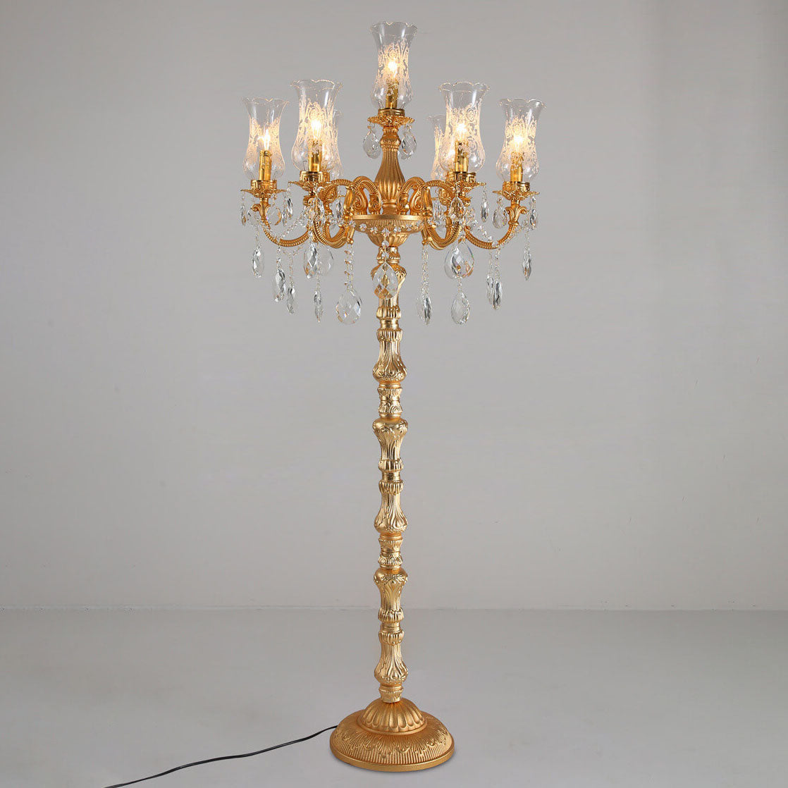 European Luxury Golden Crystal Zinc Alloy Candle Holder 7-Light Standing Floor Lamp