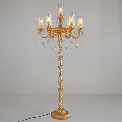 European Luxury Golden Crystal Zinc Alloy Candle Holder 7-Light Standing Floor Lamp