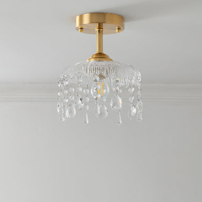 Traditional French Round Iron Copper Glass Crystal 1-Light Semi-Flush Mount Ceiling Light For Bedroom