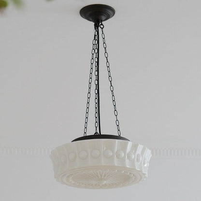 French Vintage White Jade Glass Stripes Round Drum LED Semi-Flush Mount Ceiling Light