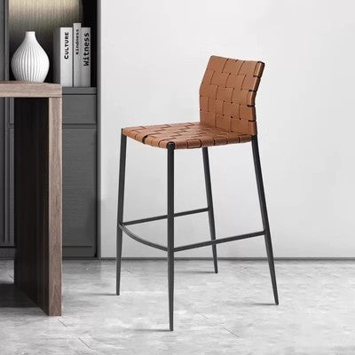 Contemporary Luxury Square Faux Saddle Leather Metal Bar Stool Backrest Footrest For Dining Room