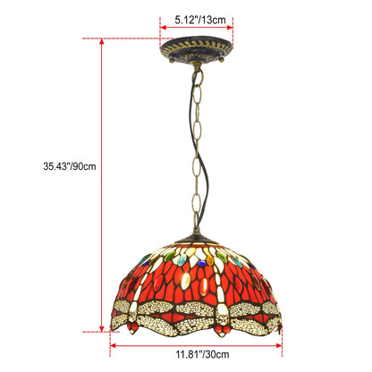 European Vintage Tiffany Red Dragonfly Iron Glass 1-Light Pendant Light