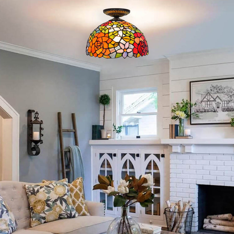 Traditional Tiffany Round Rose Iron Stained Glass 1-Light Semi-Flush Mount Ceiling Light For Living Room