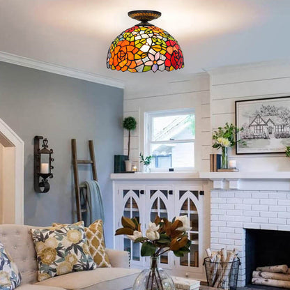 Traditional Tiffany Round Rose Iron Stained Glass 1-Light Semi-Flush Mount Ceiling Light For Living Room