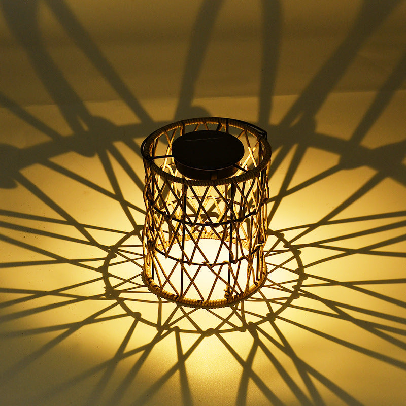 Solar Outdoor Rattan Weaving Cylinder Waterproof LED Garden Table Lamp