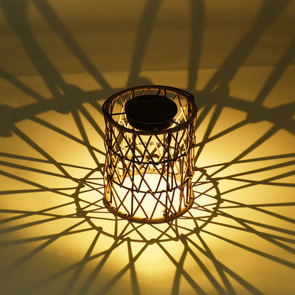 Solar Outdoor Rattan Weaving Cylinder Waterproof LED Garden Table Lamp