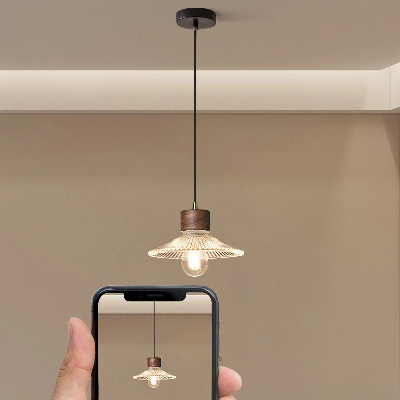 Traditional Chinese Iron Walnut Glass Conic Umbrella-Shaped 1-Light Pendant Light For Dining Room