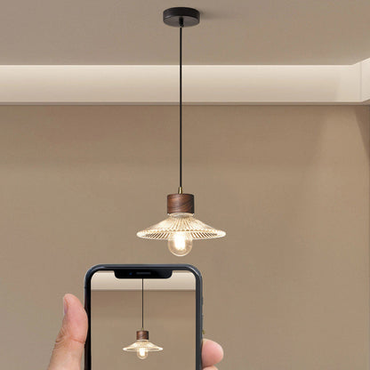 Traditional Chinese Iron Walnut Glass Conic Umbrella-Shaped 1-Light Pendant Light For Dining Room