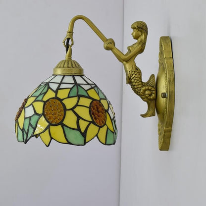 مصباح حائطي من الزجاج الملون بتصميم عباد الشمس من تيفاني بتصميم أوروبي عتيق مزود بإضاءة واحدة 