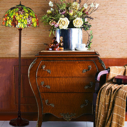 Traditional Tiffany Stained Glass Grape Decor Dome 3-Light Standing Floor Lamp For Study