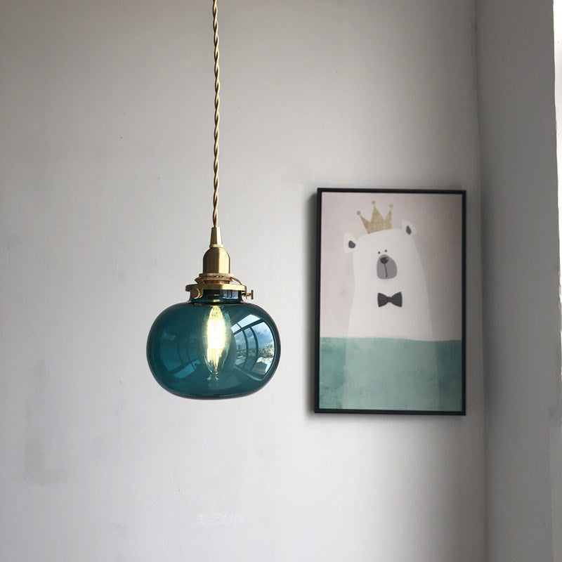 Traditional Japanese Brass Glass Pumpkin Shade 1-Light Pendant Light For Living Room